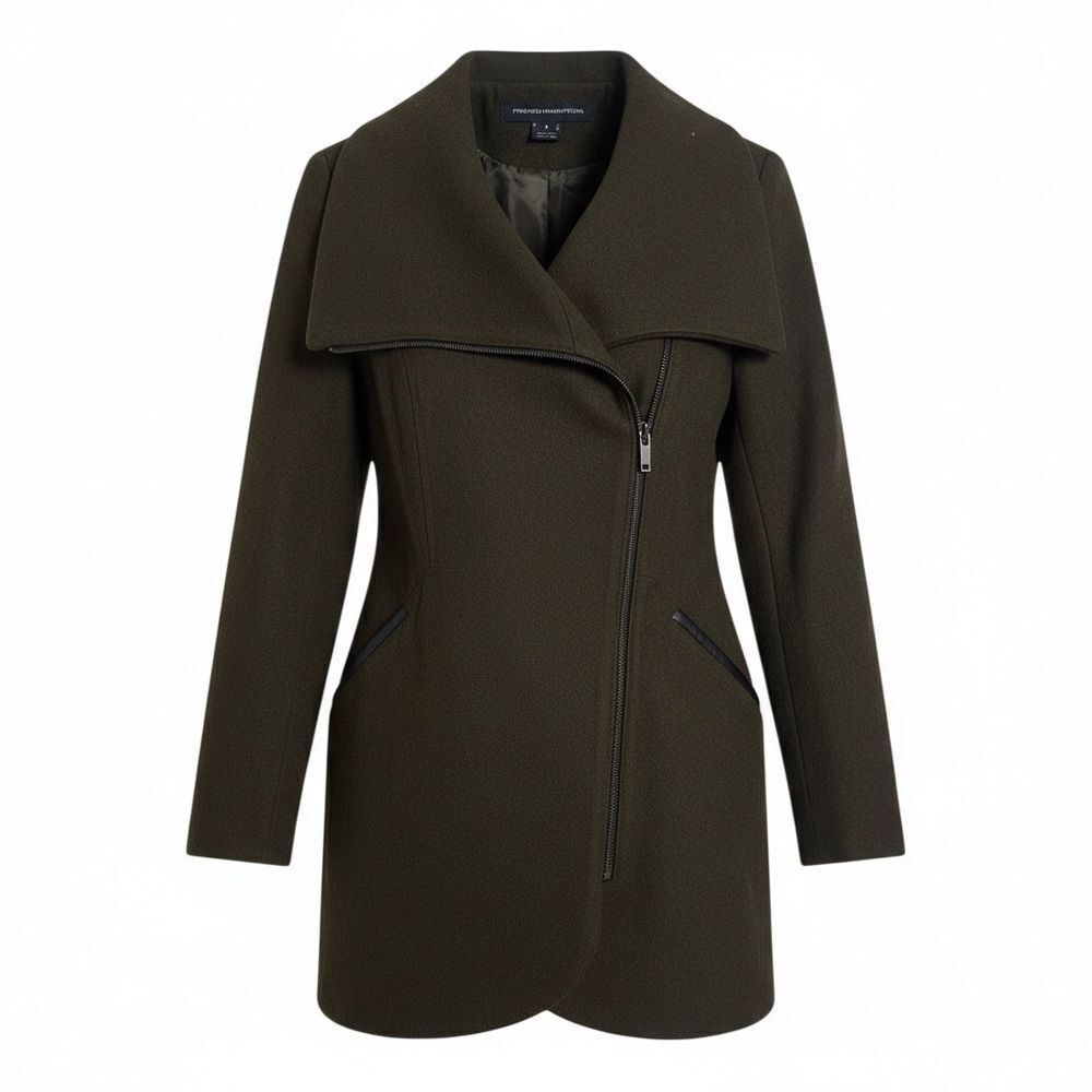 French Connection Wing Collar Asymetrical Zip‎ Wool Blend Coat Green Small